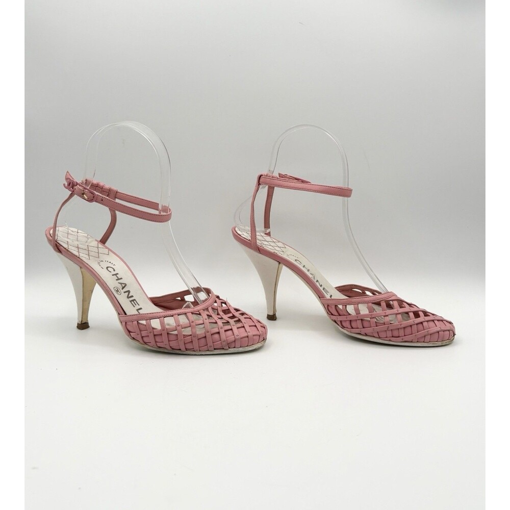 Chanel Pink Basketweave Leather CC Logo Ankle Strap Heels D'Orsay Sz EU 35.5 - Picture 4 of 12